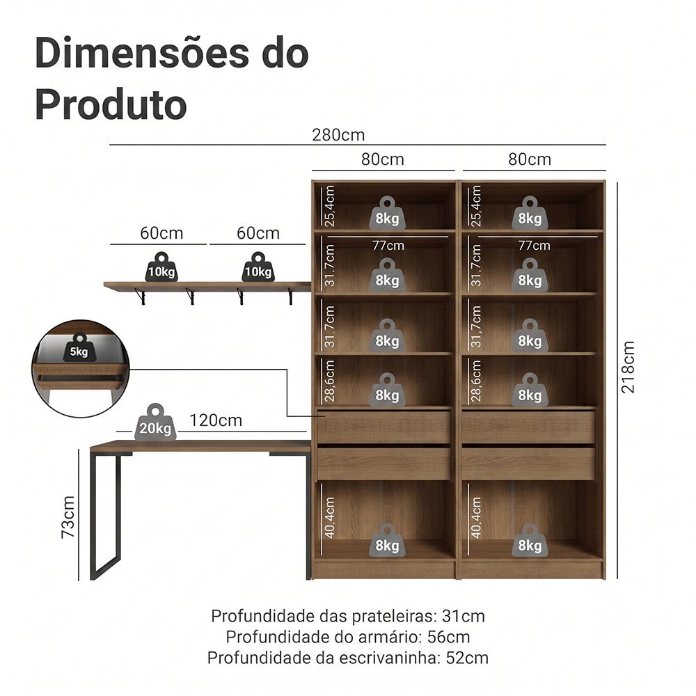 Conjunto Home Office 2 Armários Neo 1 Escrivaninha 2 Prateleiras Rustic/Crema Madesa