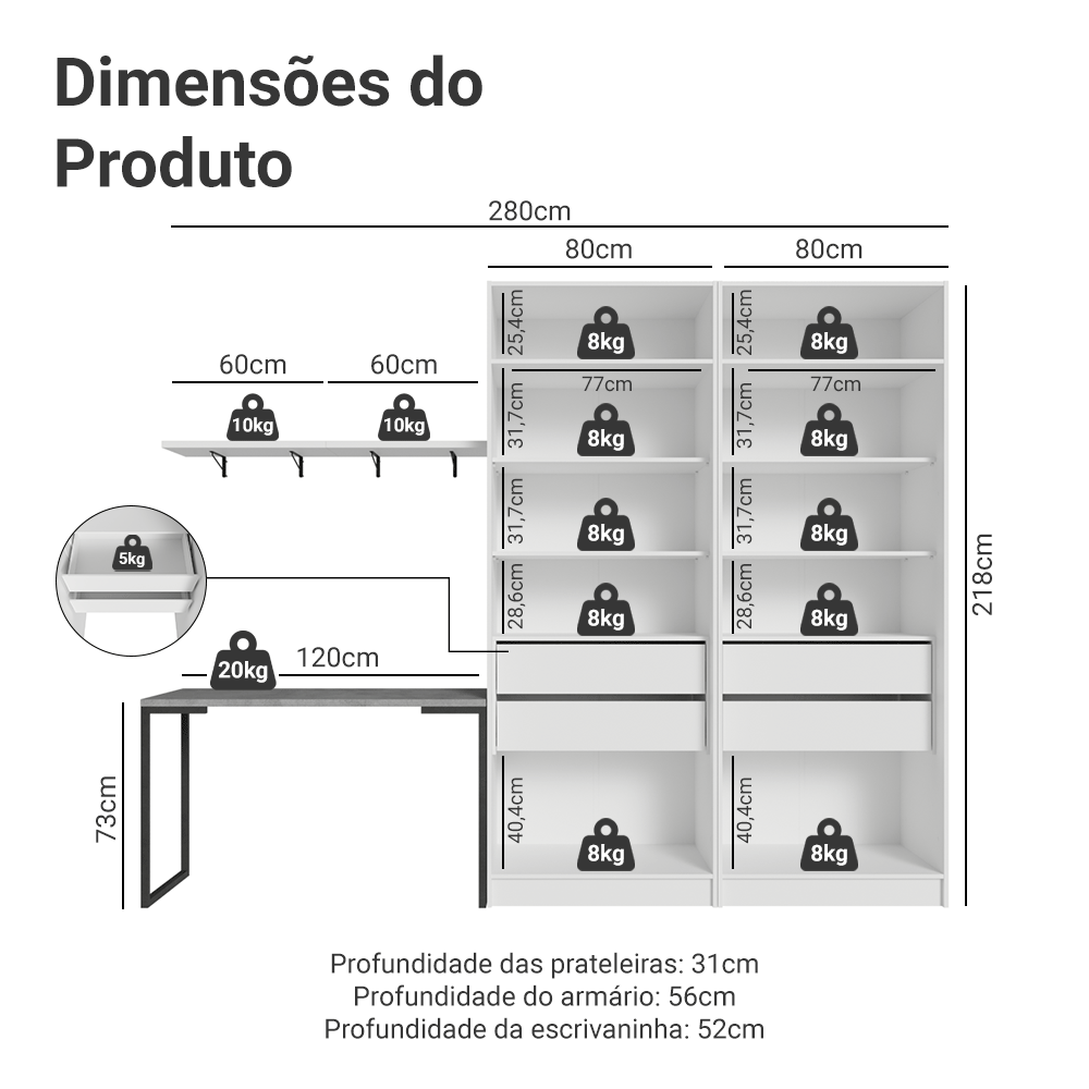 Conjunto Home Office 2 Armários com Espelhos Neo 1 Escrivaninha 2 Prateleiras Branco Madesa