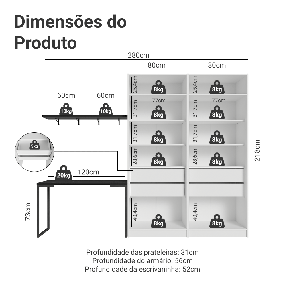 Conjunto Home Office 2 Armários Neo com Espelhos 1 Escrivaninha 2 Prateleiras Branco/Nero Madesa