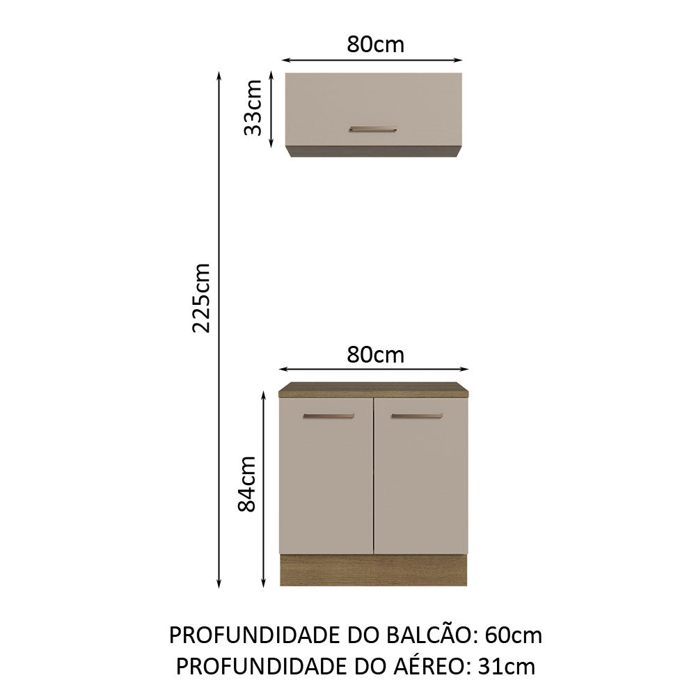 Kit com Balcão e Armário Aéreo Multiuso 80cm Rustic/Crema Agata Madesa