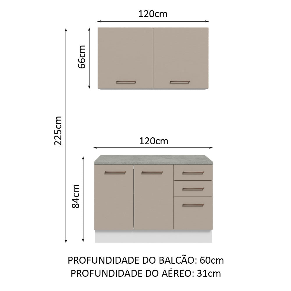 Kit com Balcão e Armário Aéreo Multiuso 120cm Branco/Crema Agata Madesa