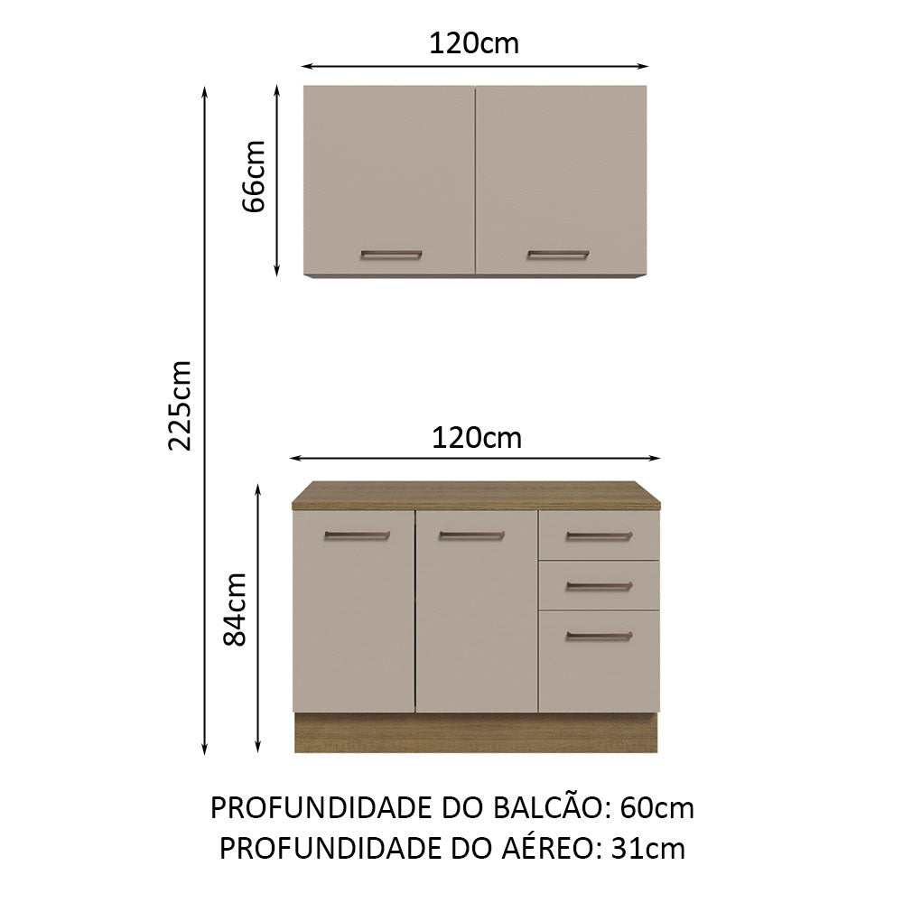 Kit com Balcão e Armário Aéreo Multiuso 120cm Rustic/Crema Agata Madesa