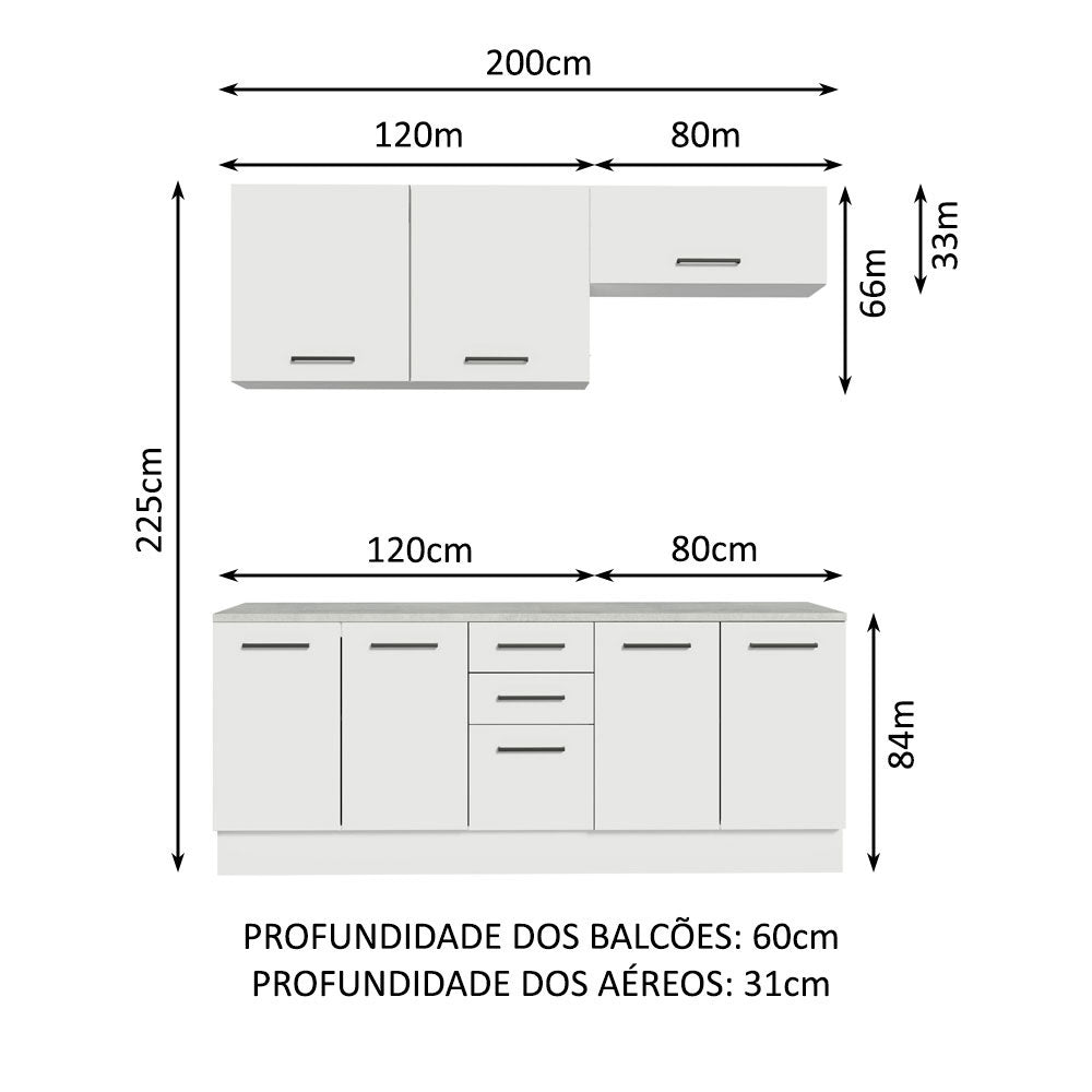 Kit com 2 Balcões e 2 Armários Aéreos Multiuso 200cm Branco Agata Madesa