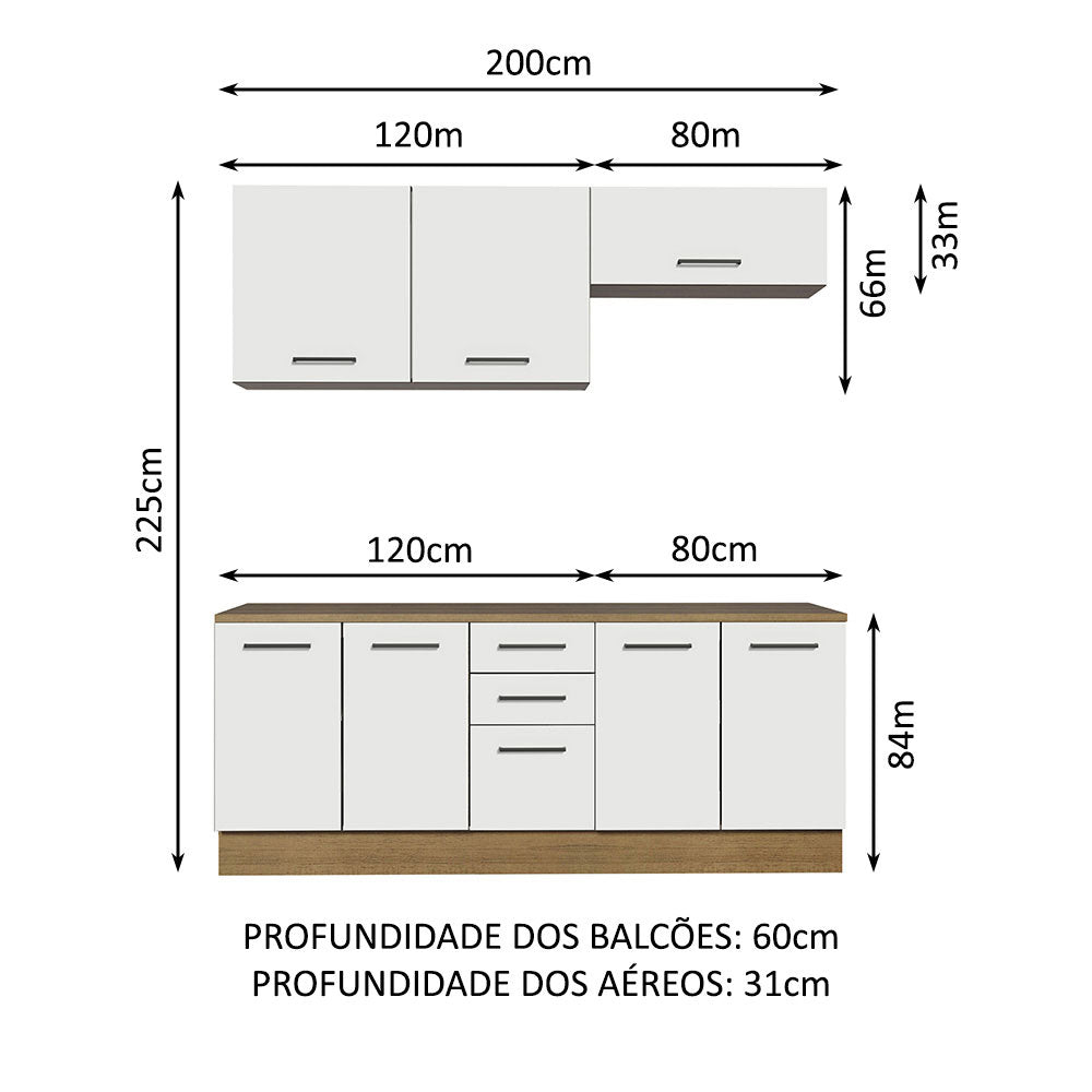 Kit com 2 Balcões e 2 Armários Aéreos Multiuso 200cm Rustic/Branco Agata Madesa