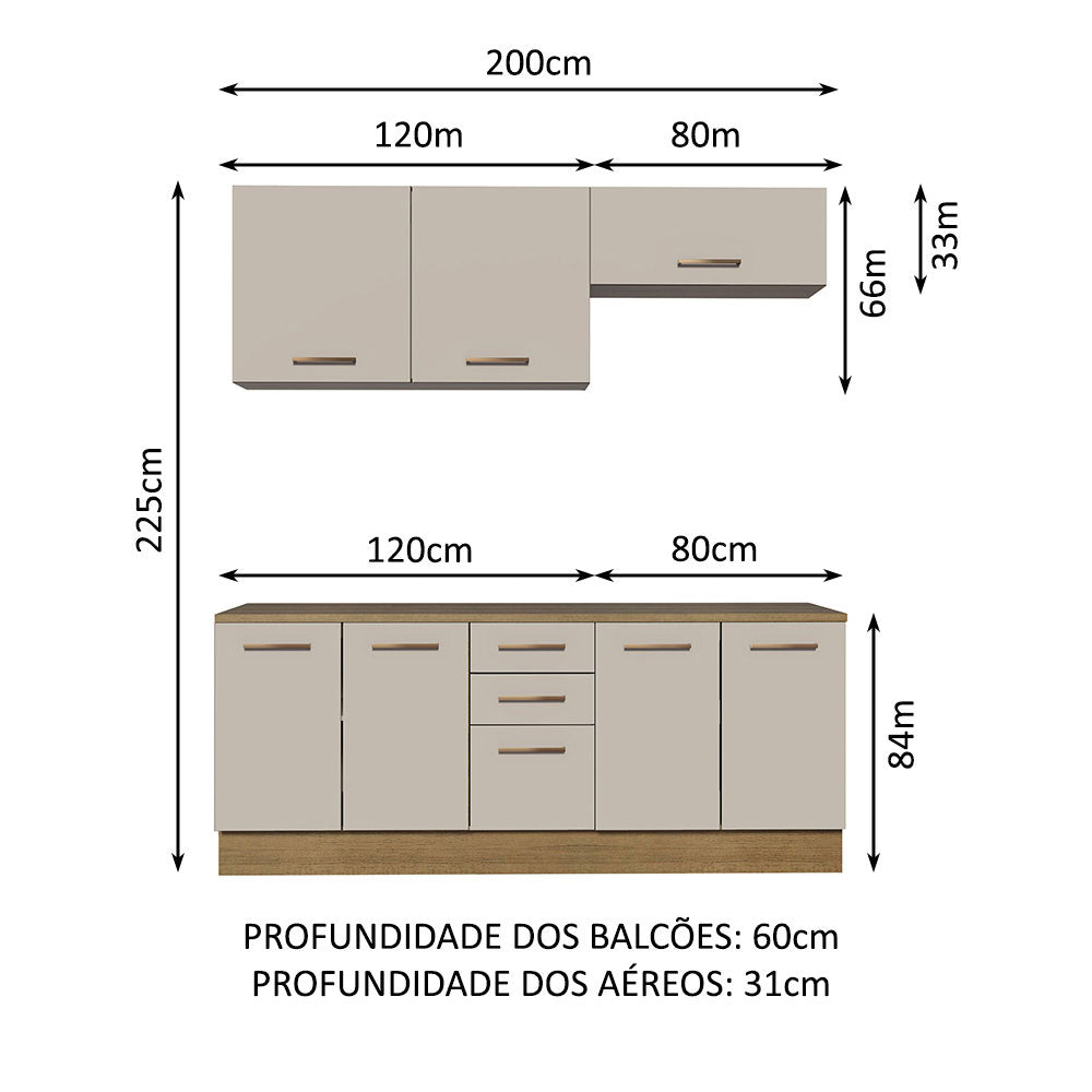 Kit com 2 Balcões e 2 Armários Aéreos Multiuso 200cm Rustic/Crema Agata Madesa