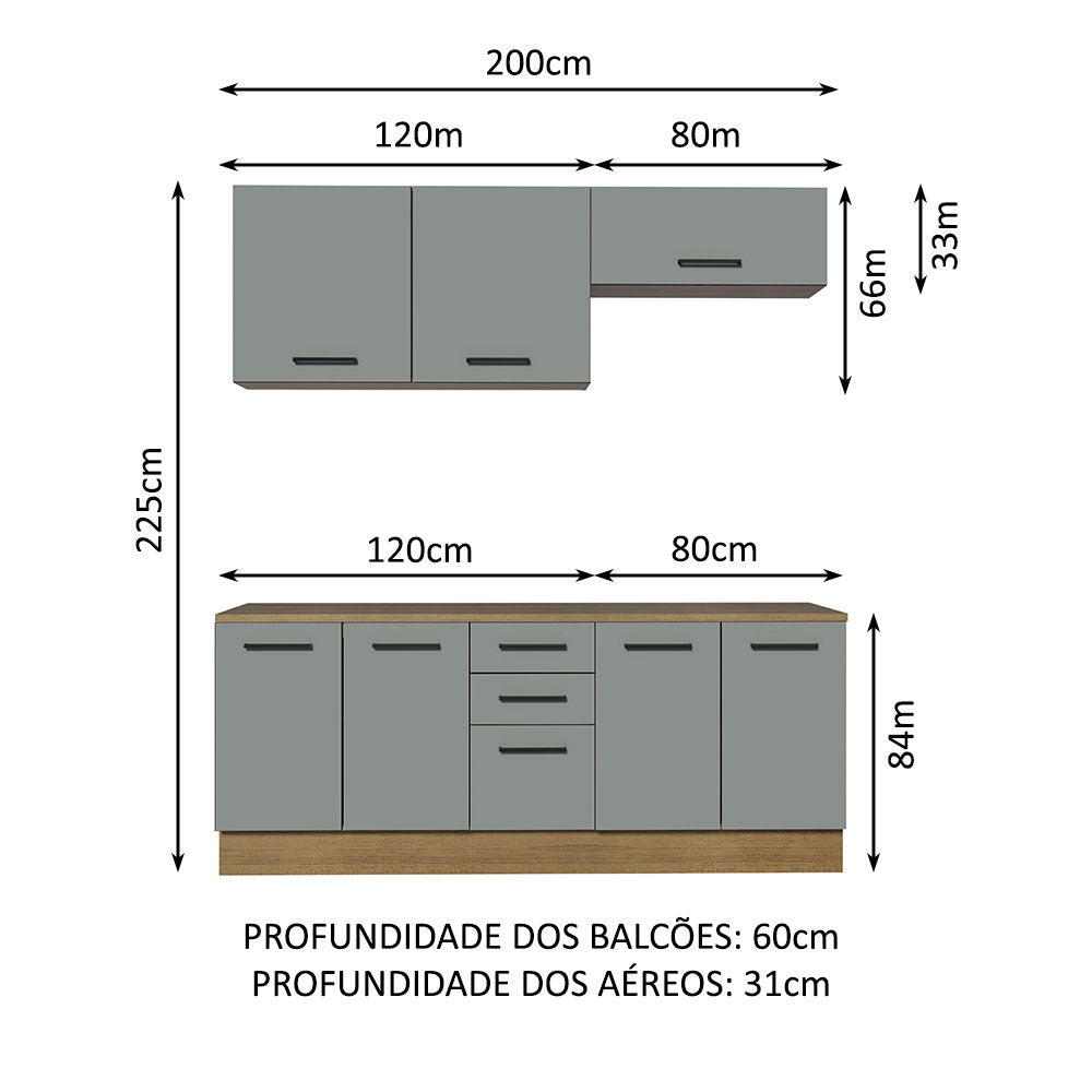 Kit com 2 Balcões e 2 Armários Aéreos Multiuso 200cm Rustic/Cinza Agata Madesa