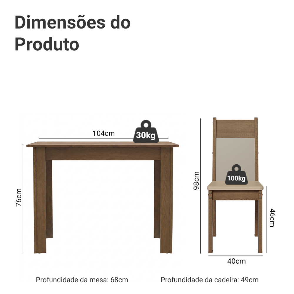 Conjunto Sala de Jantar Madesa Lola Mesa Tampo de Madeira com 2 Cadeiras Rustic/Crema/Sintético Bege