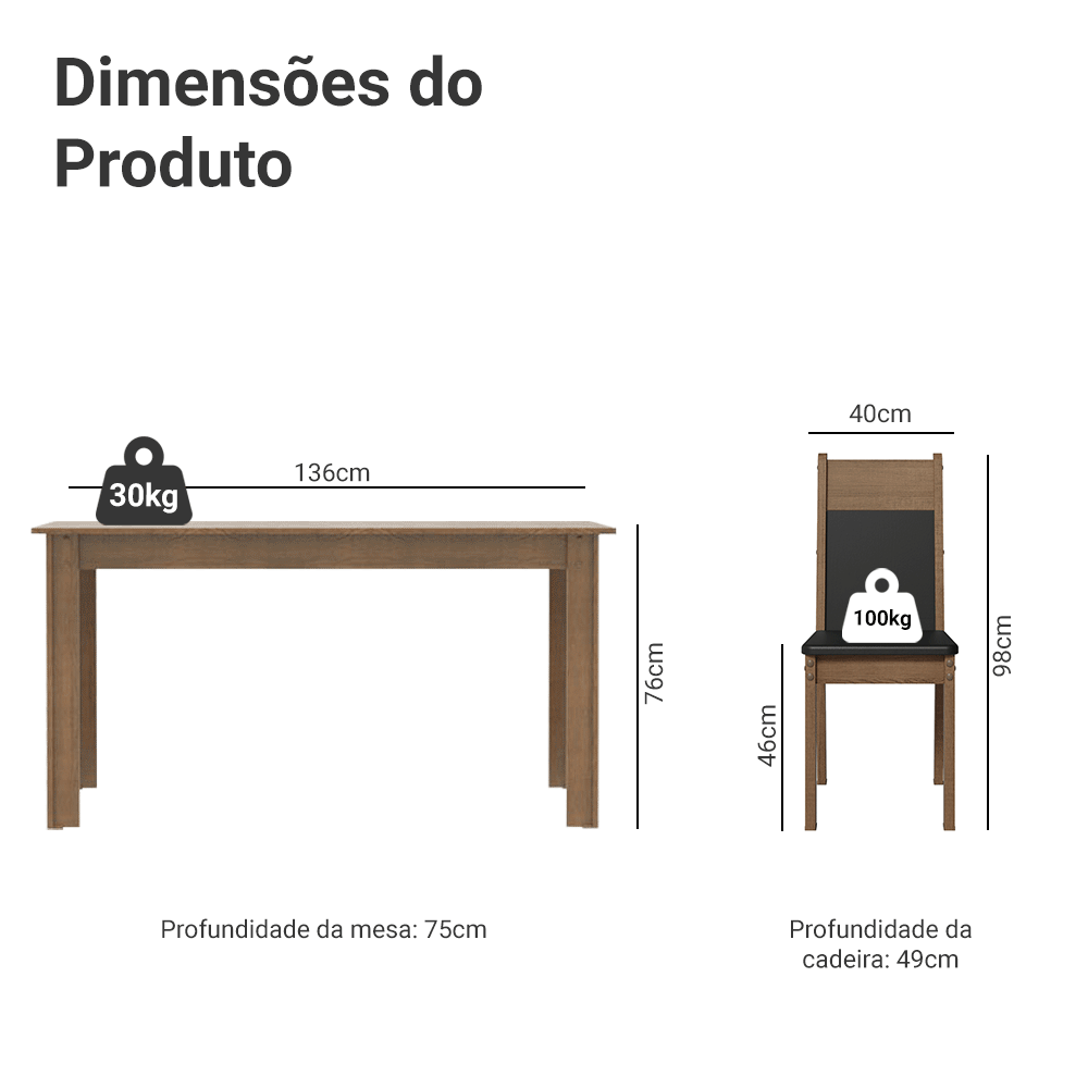 Conjunto Sala de Jantar Madesa Cali Mesa Tampo de Madeira com 4 Cadeiras Rustic/Preto/Sintético Preto
