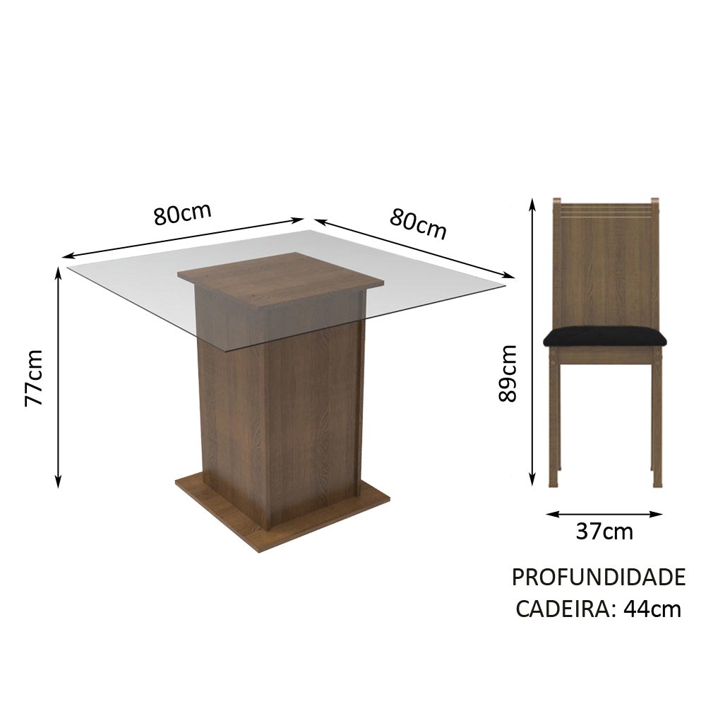 Conjunto Sala de Jantar Madesa Maya Mesa Tampo de Vidro com 4 Cadeiras Rustic/Sintético Preto