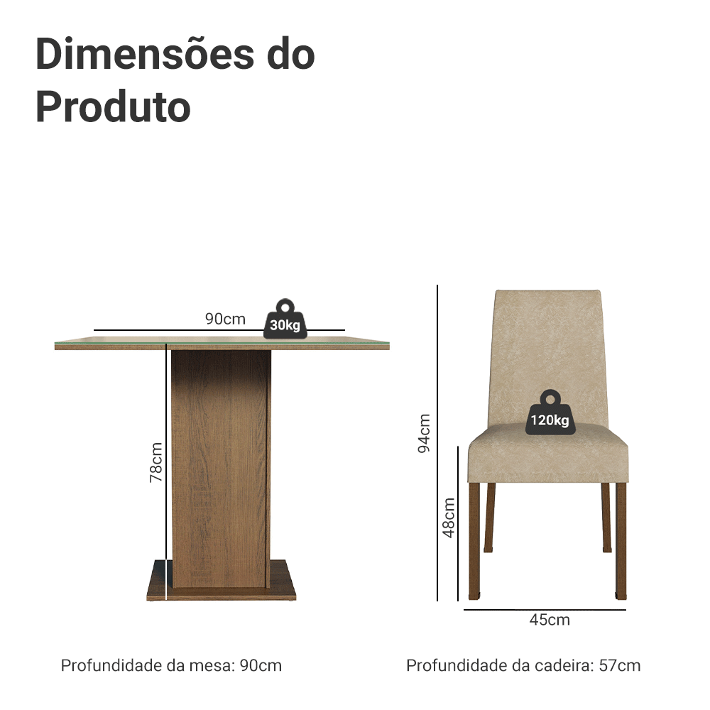 Conjunto Sala de Jantar Madesa Evelin Mesa Tampo de Vidro com 4 Cadeiras Rustic/Crema/Imperial