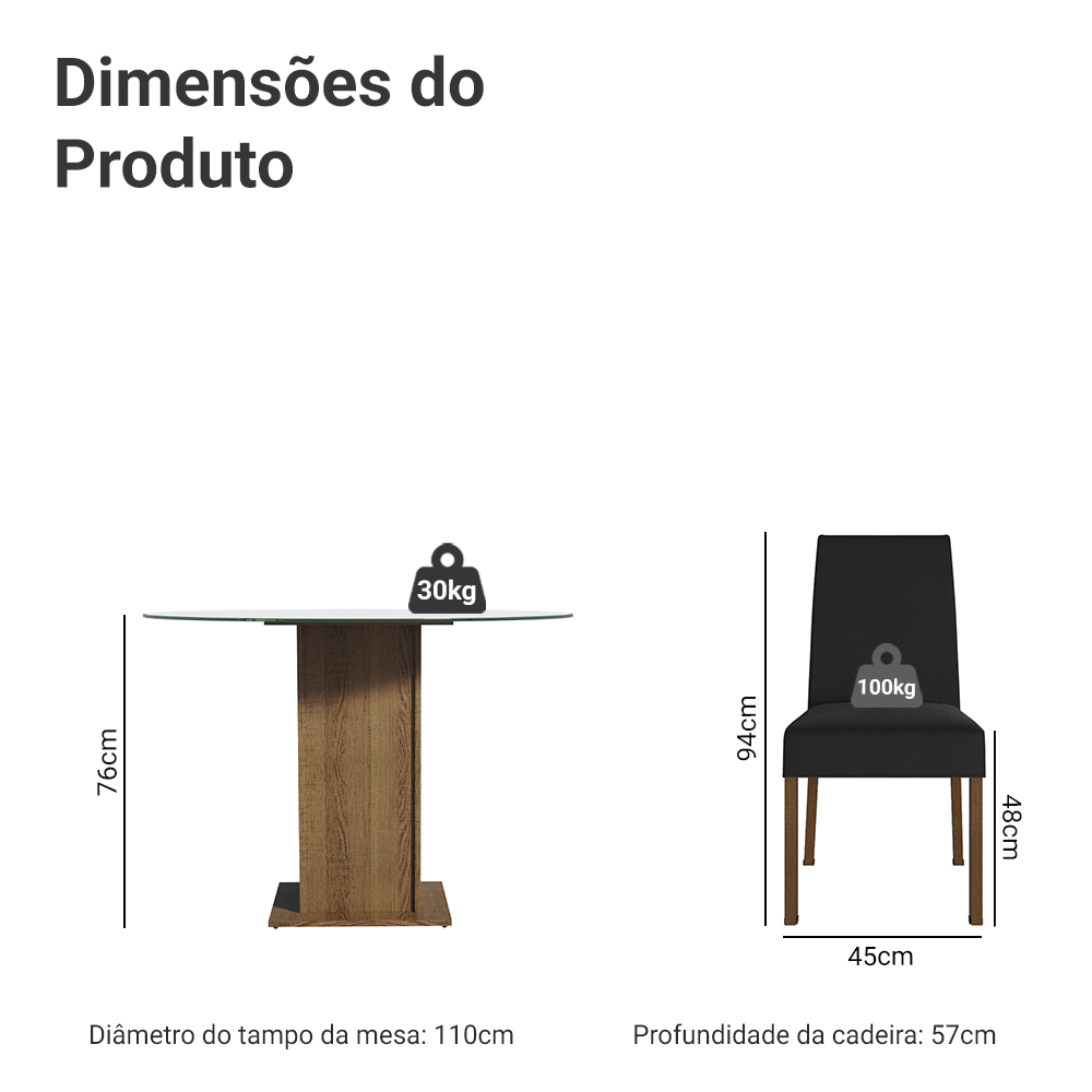 Conjunto Sala de Jantar Mesa Tampo de Vidro Redondo 4 Cadeiras Rustic/Oxford Mile Madesa