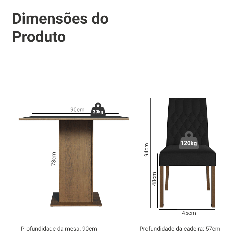 Conjunto Sala de Jantar Mesa Tampo de Madeira 4 Cadeiras Rustic/Preto/Oxford Livia Madesa