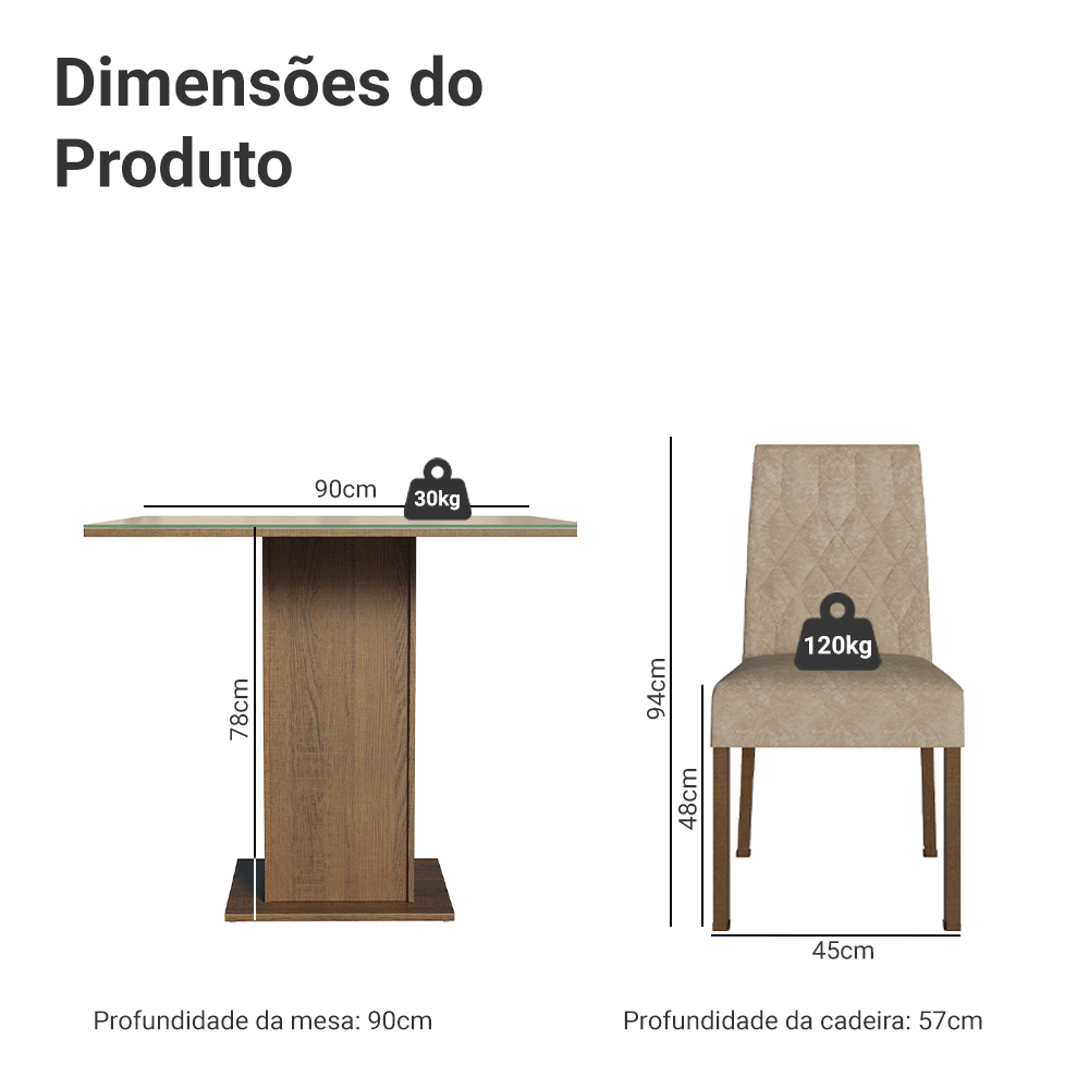 Conjunto Sala de Jantar Mesa Tampo de Vidro 4 Cadeiras Rustic/Crema/Imperial Anaju Madesa