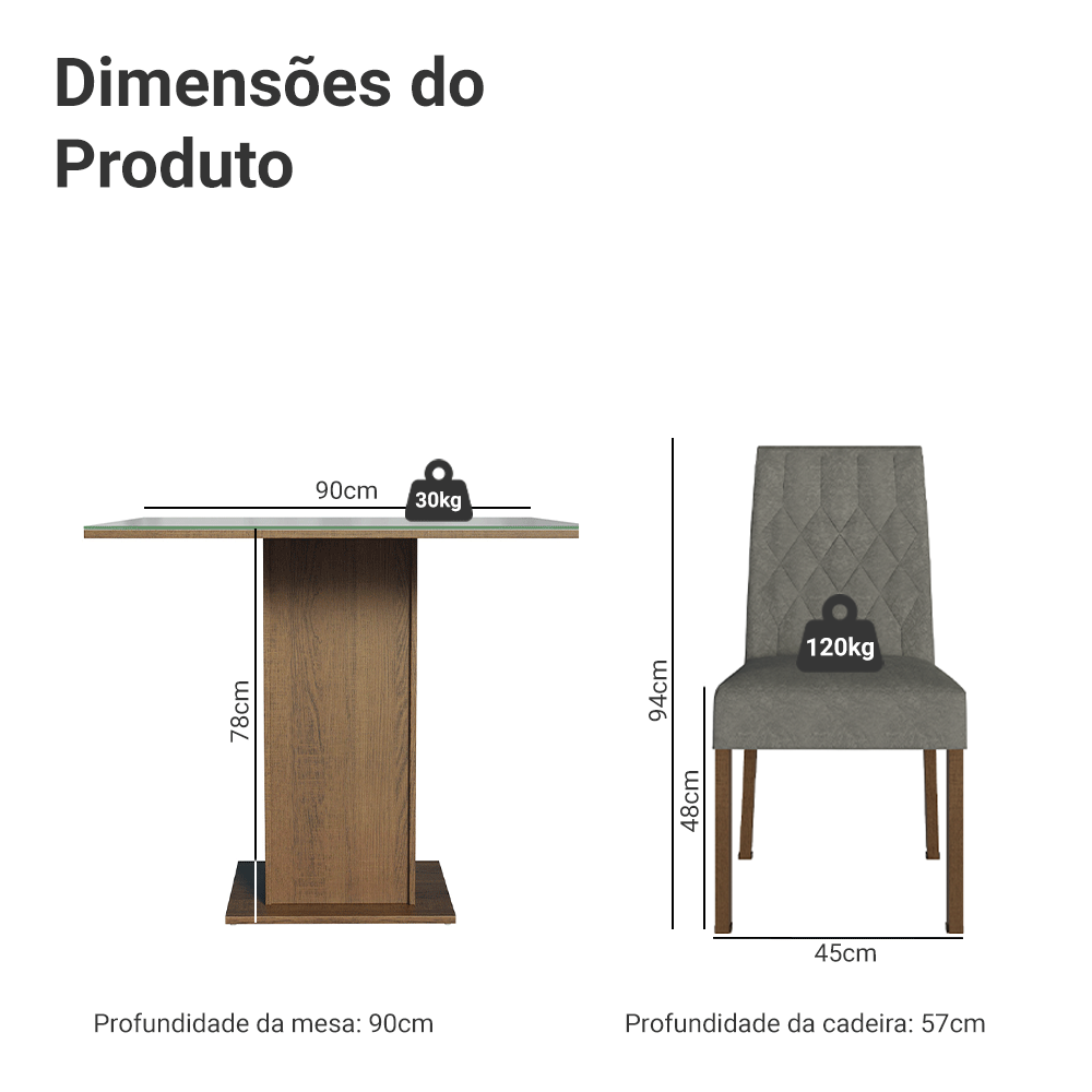 Conjunto Sala de Jantar Mesa Tampo de Vidro 4 Cadeiras Rustic/Cinza/Silver Anaju Madesa