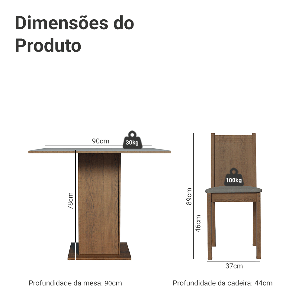 Conjunto Sala de Jantar Mesa Tampo de Madeira 4 Cadeiras Rustic/Cinza/Silver Samara Madesa