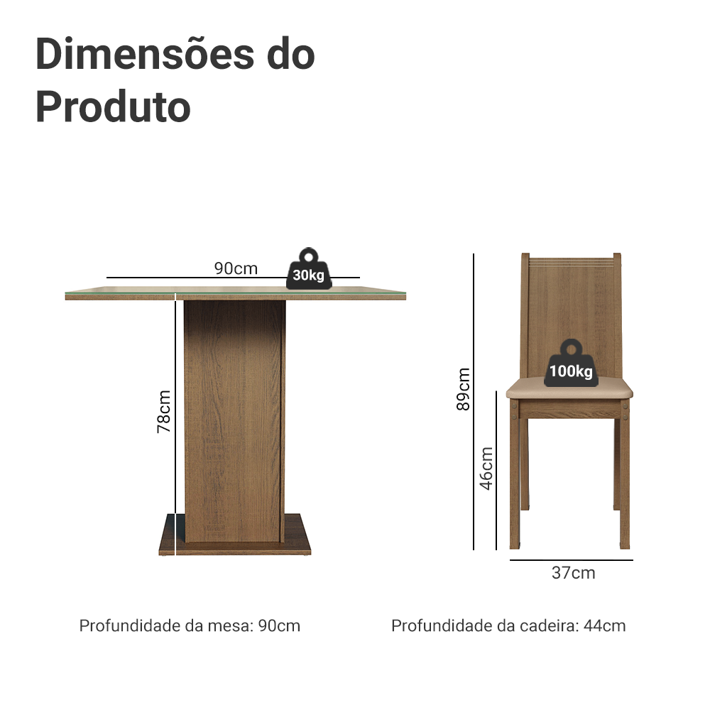 Conjunto Sala de Jantar Mesa Tampo de Vidro 4 Cadeiras Rustic/Crema/Sintético Bege Perla Madesa