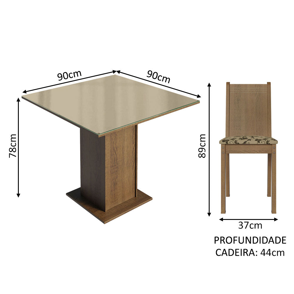 Conjunto Sala de Jantar Mesa Tampo de Vidro 4 Cadeiras Rustic/Crema/Bege Marrom Perla Madesa