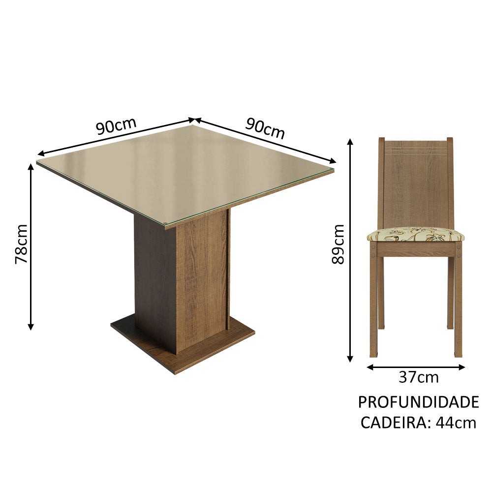 Conjunto Sala de Jantar Mesa Tampo de Vidro 4 Cadeiras Rustic/Crema/Lírio Bege Perla Madesa