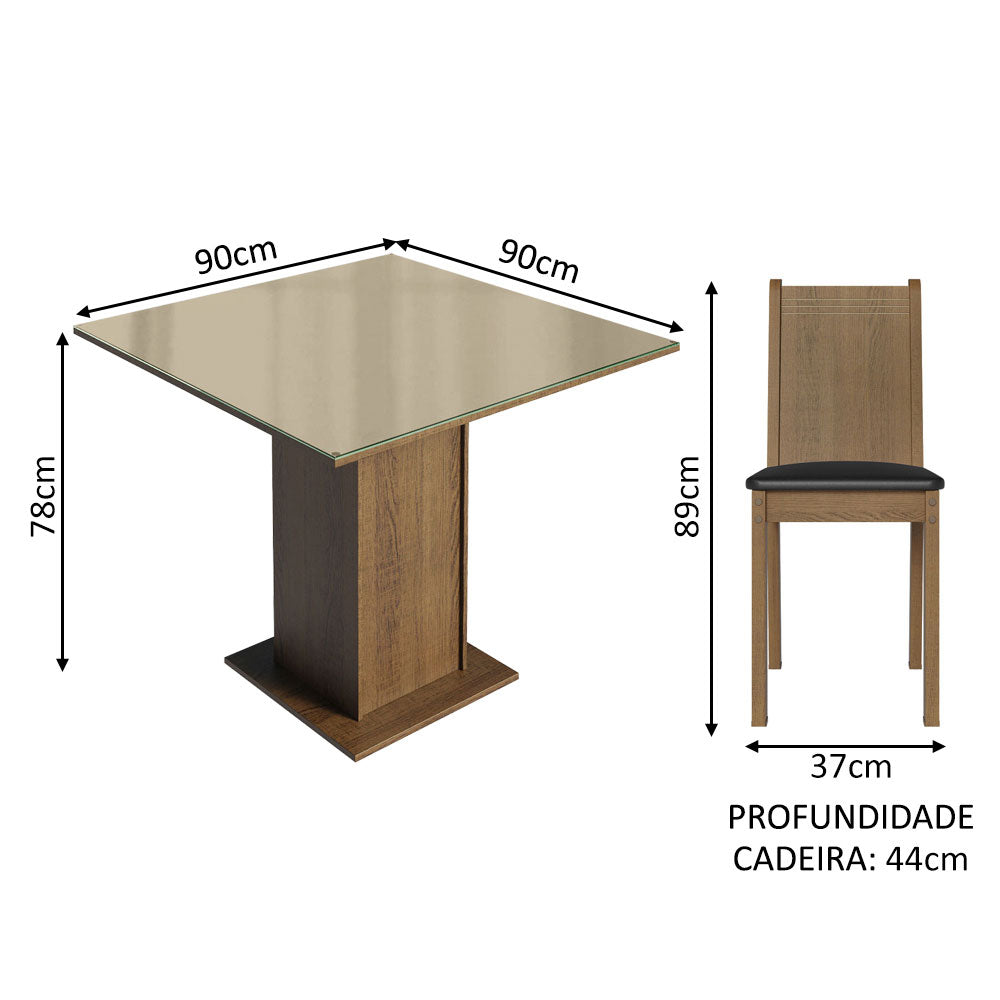 Conjunto Sala de Jantar Mesa Tampo de Vidro 4 Cadeiras Rustic/Crema/Preto Perla Madesa