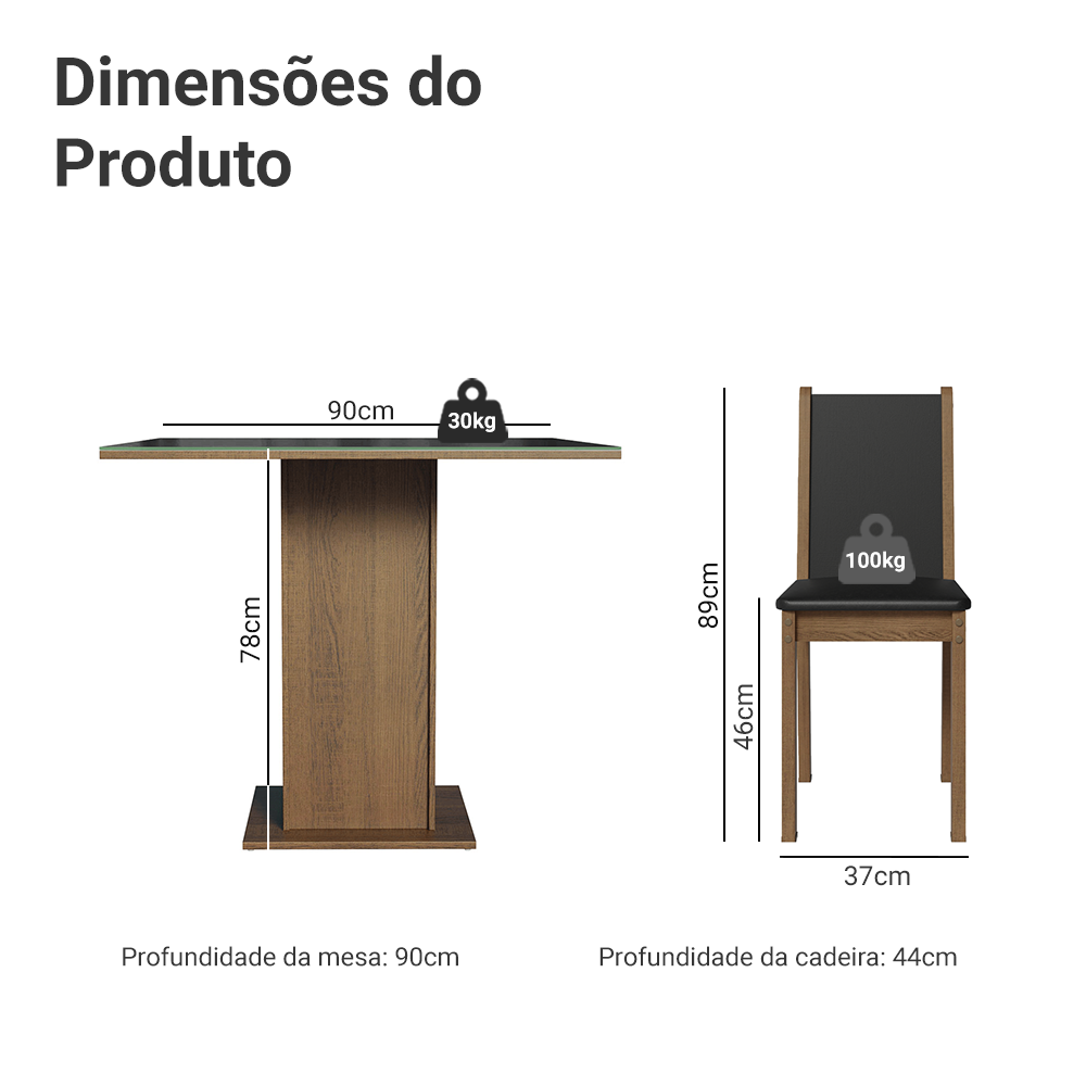 Conjunto Sala de Jantar Mesa Tampo de Vidro 4 Cadeiras Rustic/Preto Tifani Madesa
