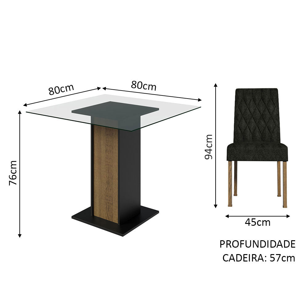 Conjunto Sala de Jantar Mesa Tampo de Vidro 4 Cadeiras Rustic/Preto/Oxford Noemi Madesa