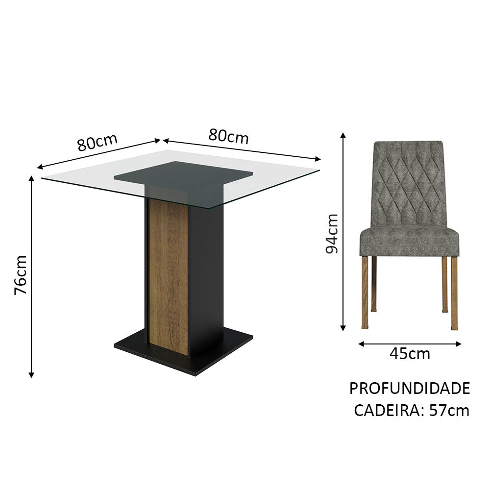 Conjunto Sala de Jantar Mesa Tampo de Vidro 4 Cadeiras Rustic/Preto/Silver Noemi Madesa