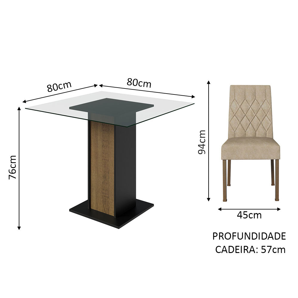 Conjunto Sala de Jantar Mesa Tampo de Vidro 4 Cadeiras Rustic/Preto/Imperial Noemi Madesa