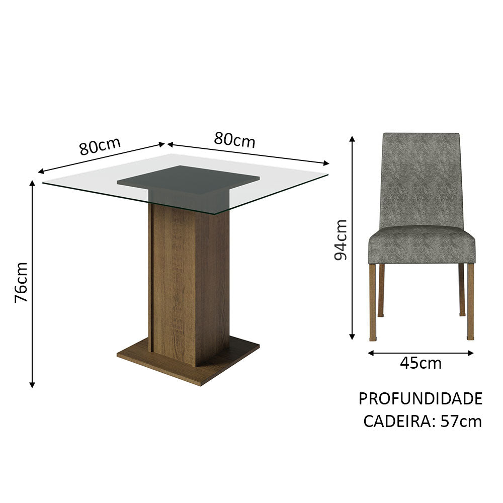 Conjunto Sala de Jantar Mesa Tampo de Vidro 4 Cadeiras Rustic/Silver Ivy Madesa