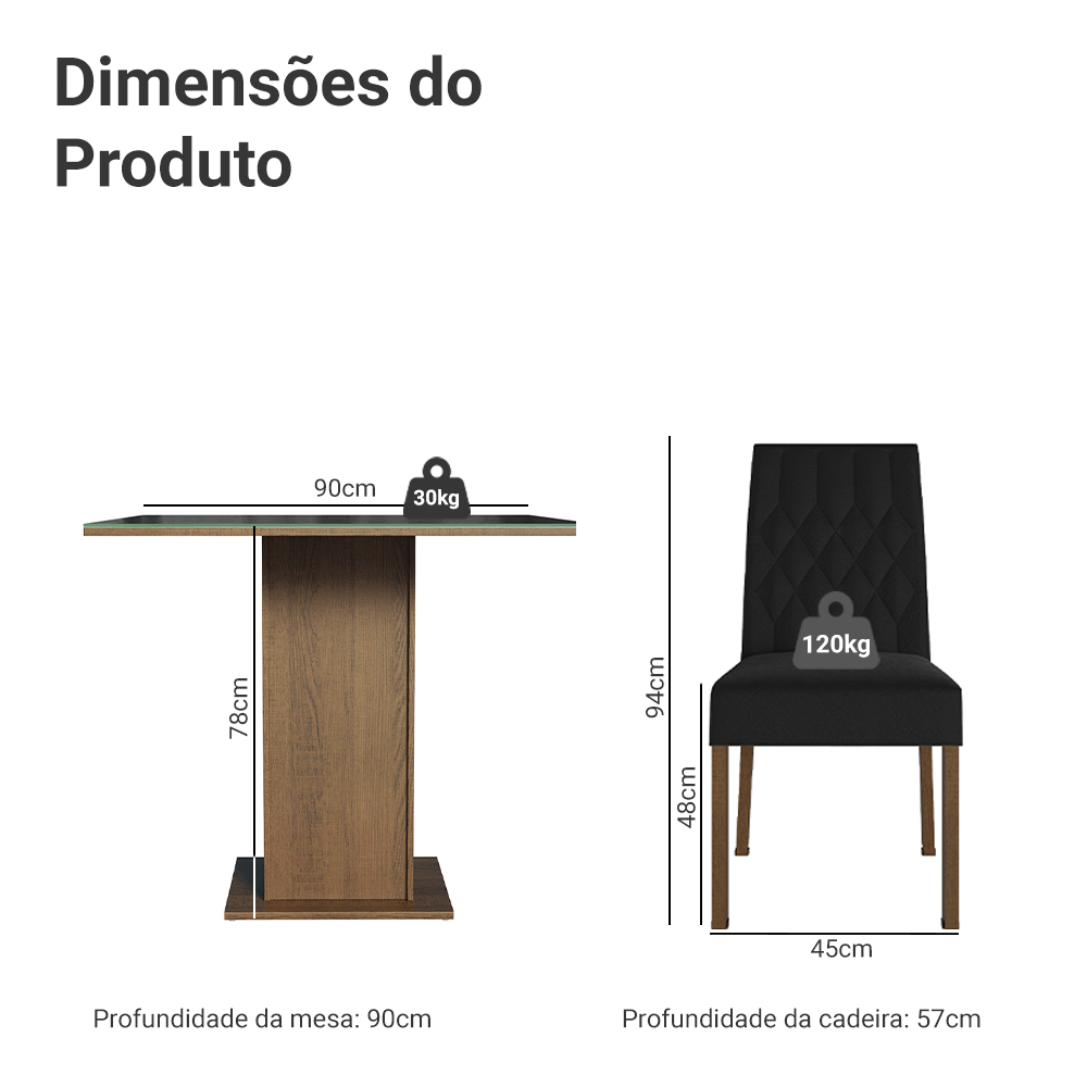 Conjunto Sala de Jantar Mesa Tampo de Vidro 4 Cadeiras Rustic/Preto/Oxford Anaju Madesa