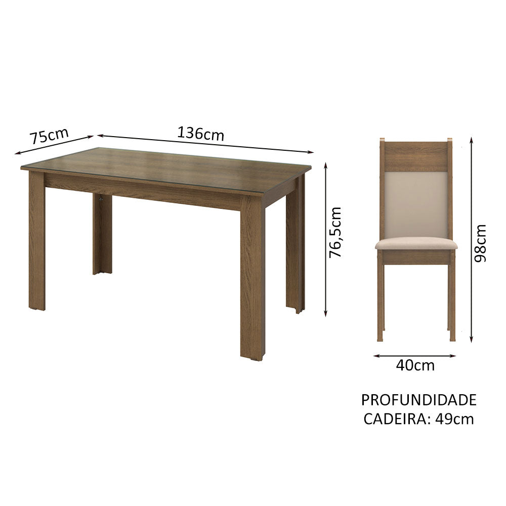 Conjunto Sala de Jantar Mesa Tampo de Vidro 4 Cadeiras Rustic/Crema/Bege Eloá Madesa