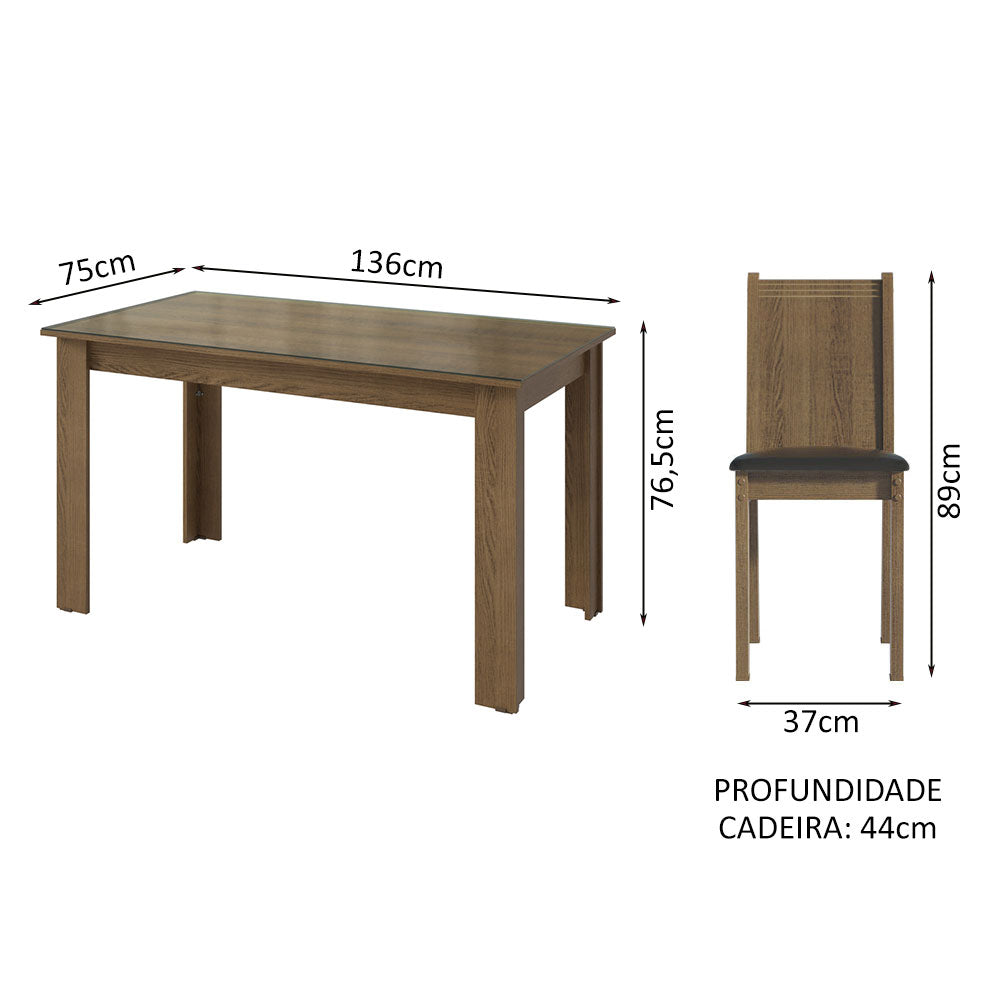 Conjunto Sala de Jantar Mesa Tampo de Vidro 4 Cadeiras Rustic/Sintético Preto Kiara Madesa