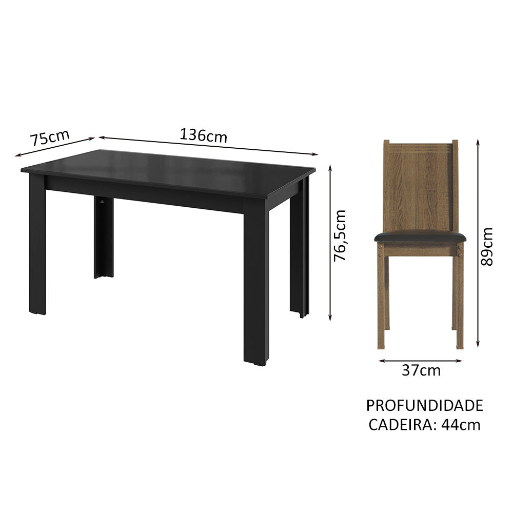 Conjunto Sala de Jantar Mesa Tampo de Vidro 4 Cadeiras Preto/Rustic Kiara Madesa