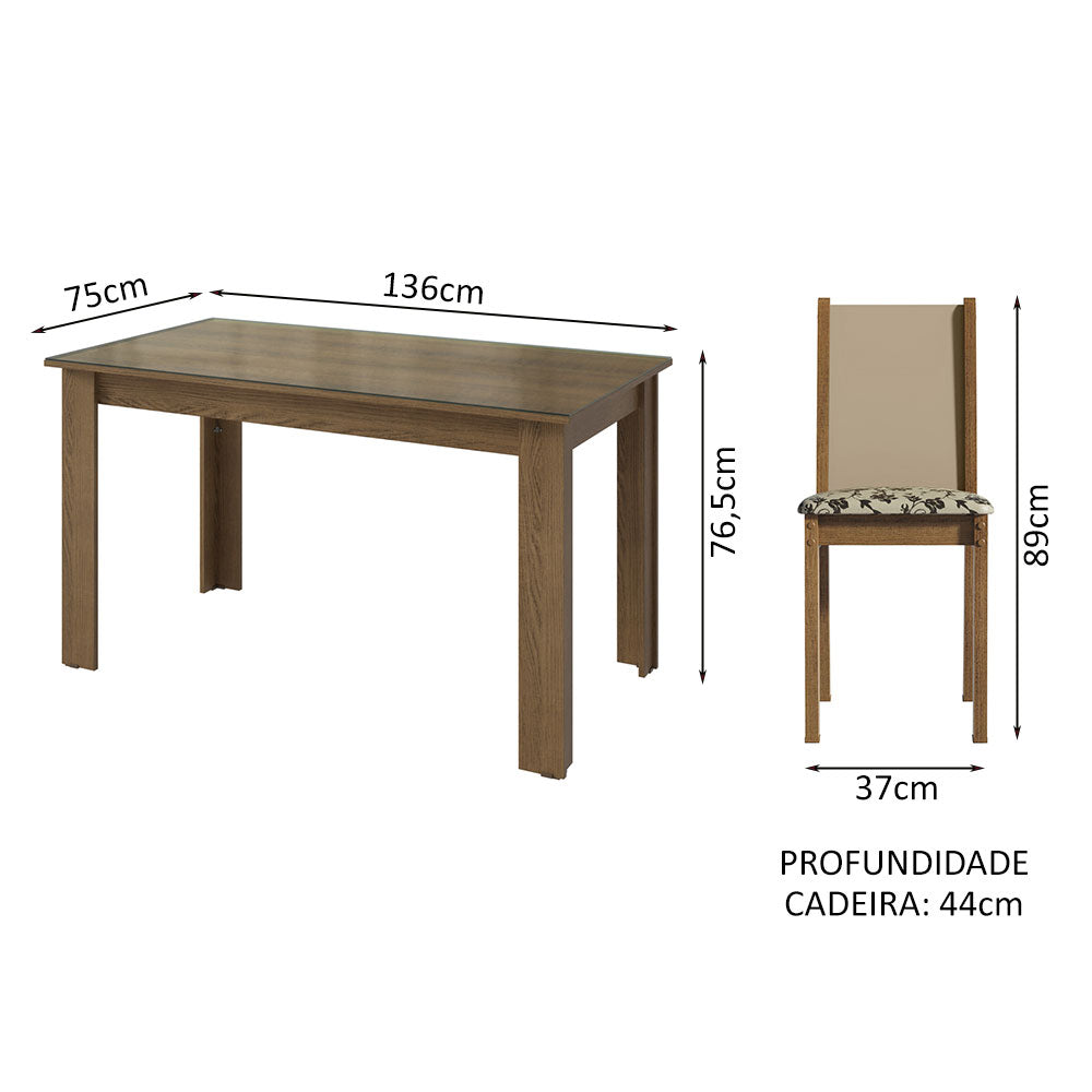 Conjunto Sala de Jantar Mesa Tampo de Vidro 4 Cadeiras Rustic/Crema/Bege Marrom Suzy Madesa