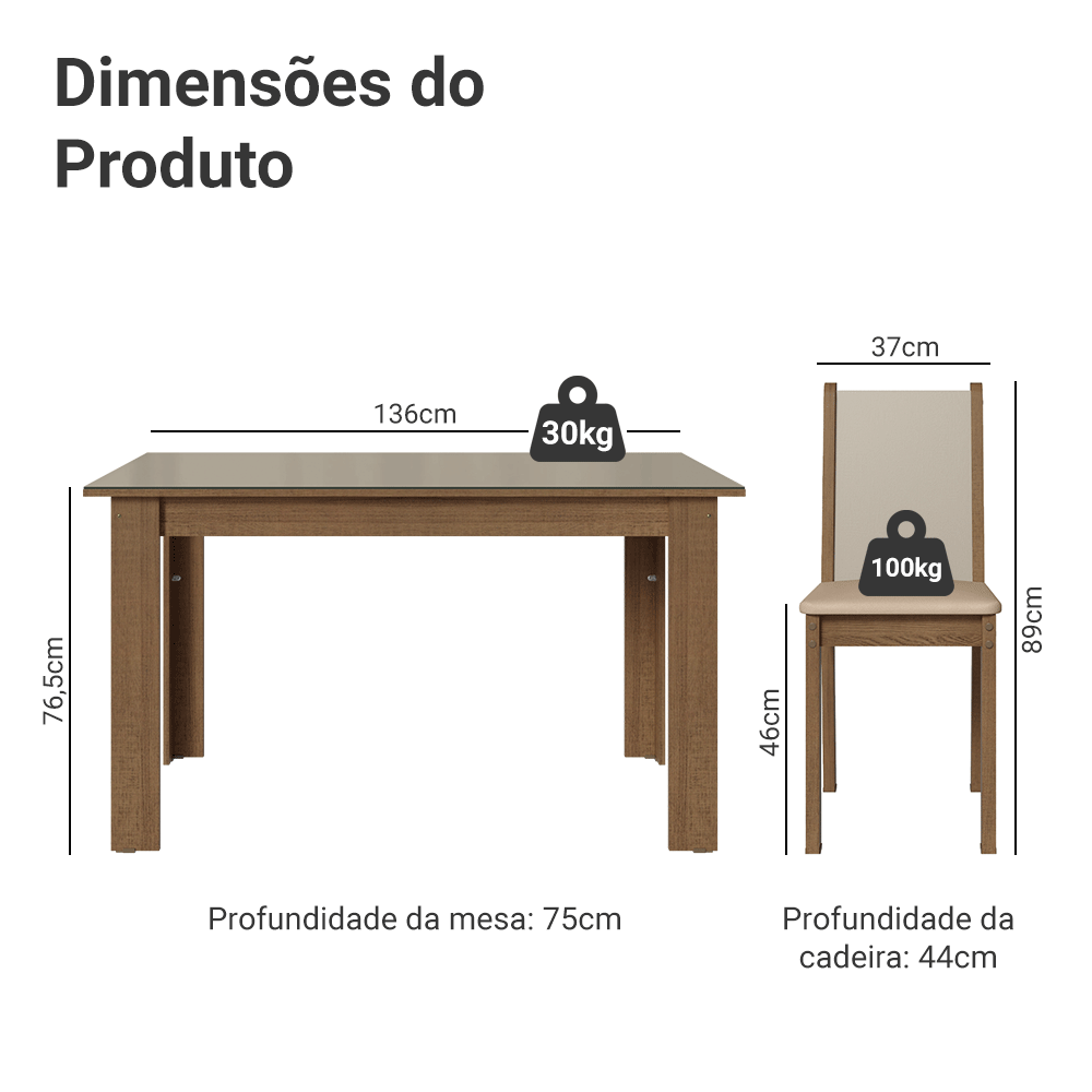 Conjunto Sala de Jantar Magnólia Mesa Tampo de Vidro 4 Cadeiras Rustic/Crema/Sintético Bege Madesa