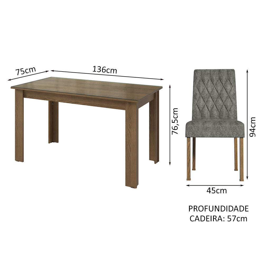 Conjunto Sala de Jantar Mesa Tampo de Vidro 4 Cadeiras Rustic/Silver Celina Madesa