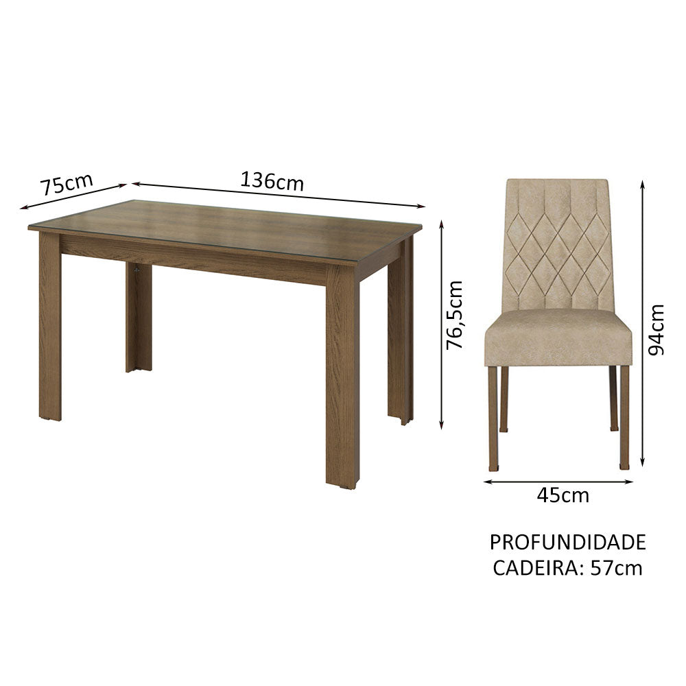 Conjunto Sala de Jantar Mesa Tampo de Vidro 4 Cadeiras Rustic/Imperial Celina Madesa