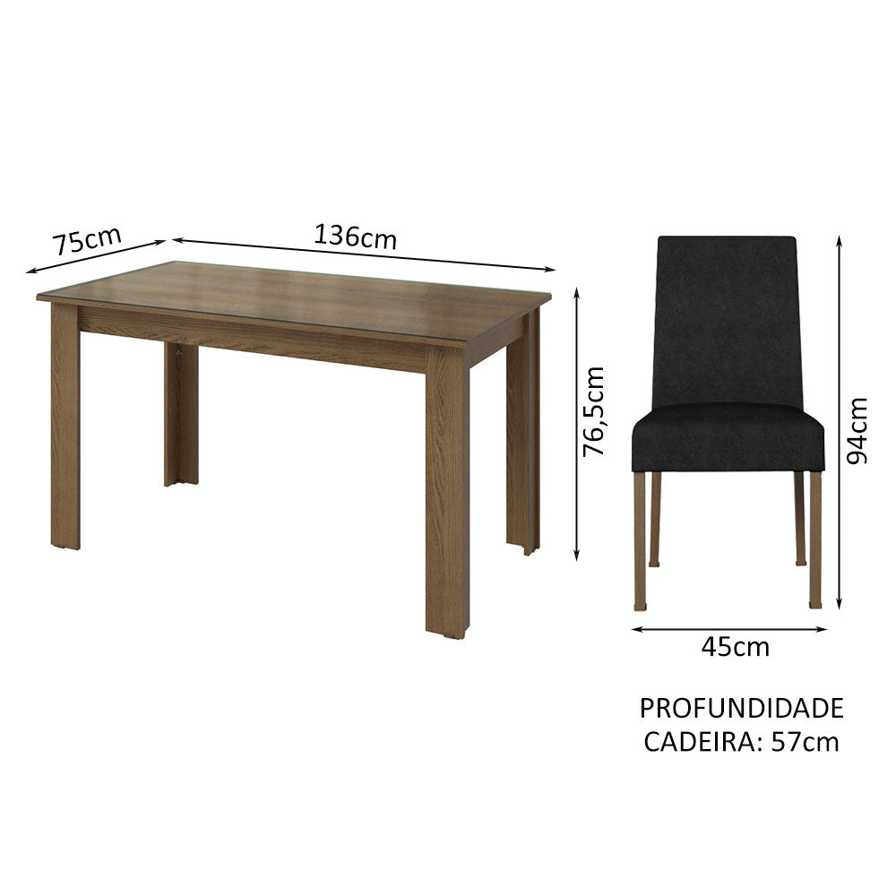 Conjunto Sala de Jantar Mesa Tampo de Vidro 4 Cadeiras Rustic/Oxford Antônia Madesa