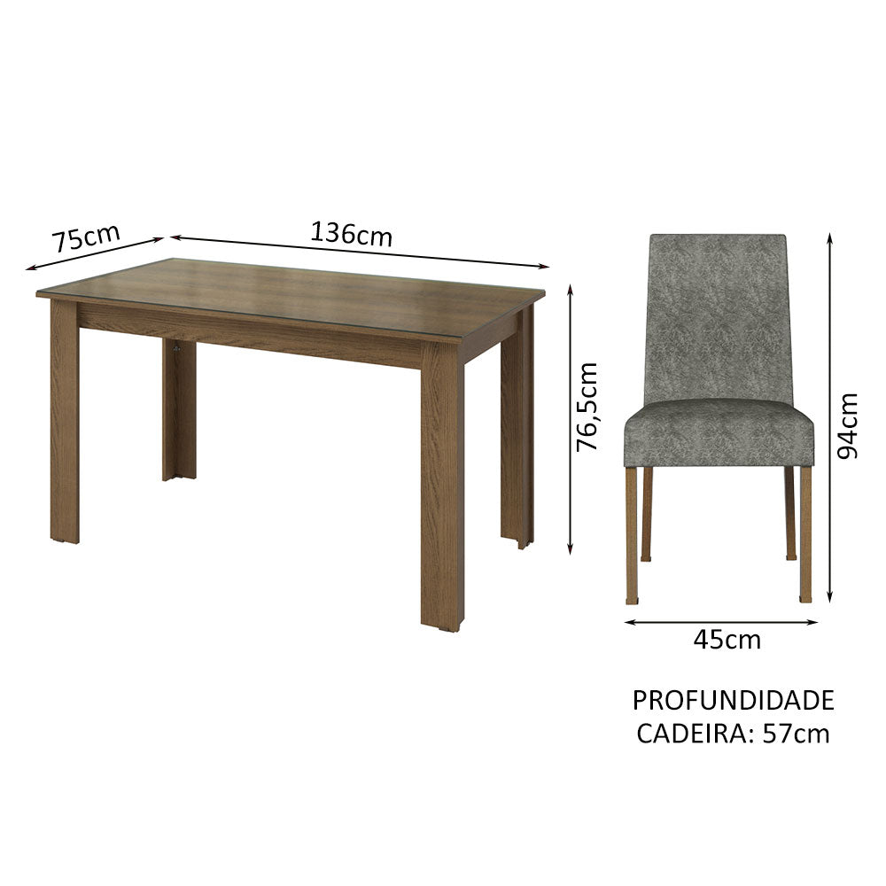 Conjunto Sala de Jantar Mesa Tampo de Vidro 4 Cadeiras Rustic/Silver Antônia Madesa