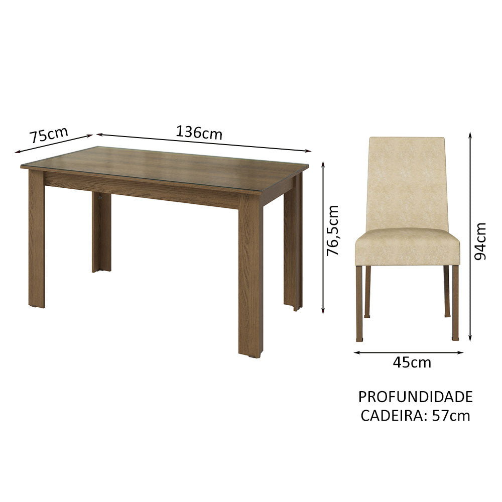 Conjunto Sala de Jantar Mesa Tampo de Vidro 4 Cadeiras Rustic/Imperial Antônia Madesa