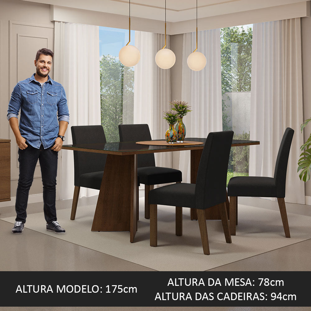 Conjunto Sala de Jantar Mesa Tampo de Vidro 4 Cadeiras Rustic/Preto/Oxford Taylor Madesa
