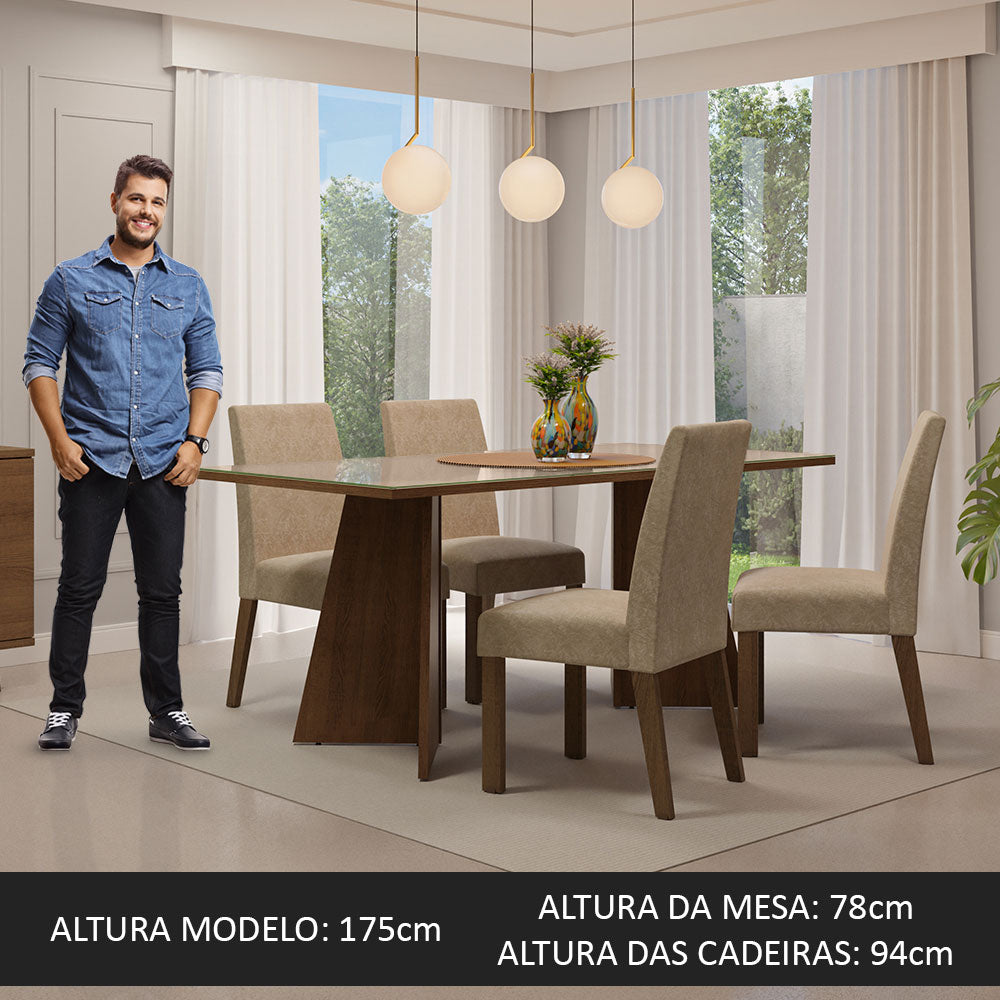 Conjunto Sala de Jantar Mesa Tampo de Vidro 4 Cadeiras Rustic/Crema/Imperial Taylor Madesa