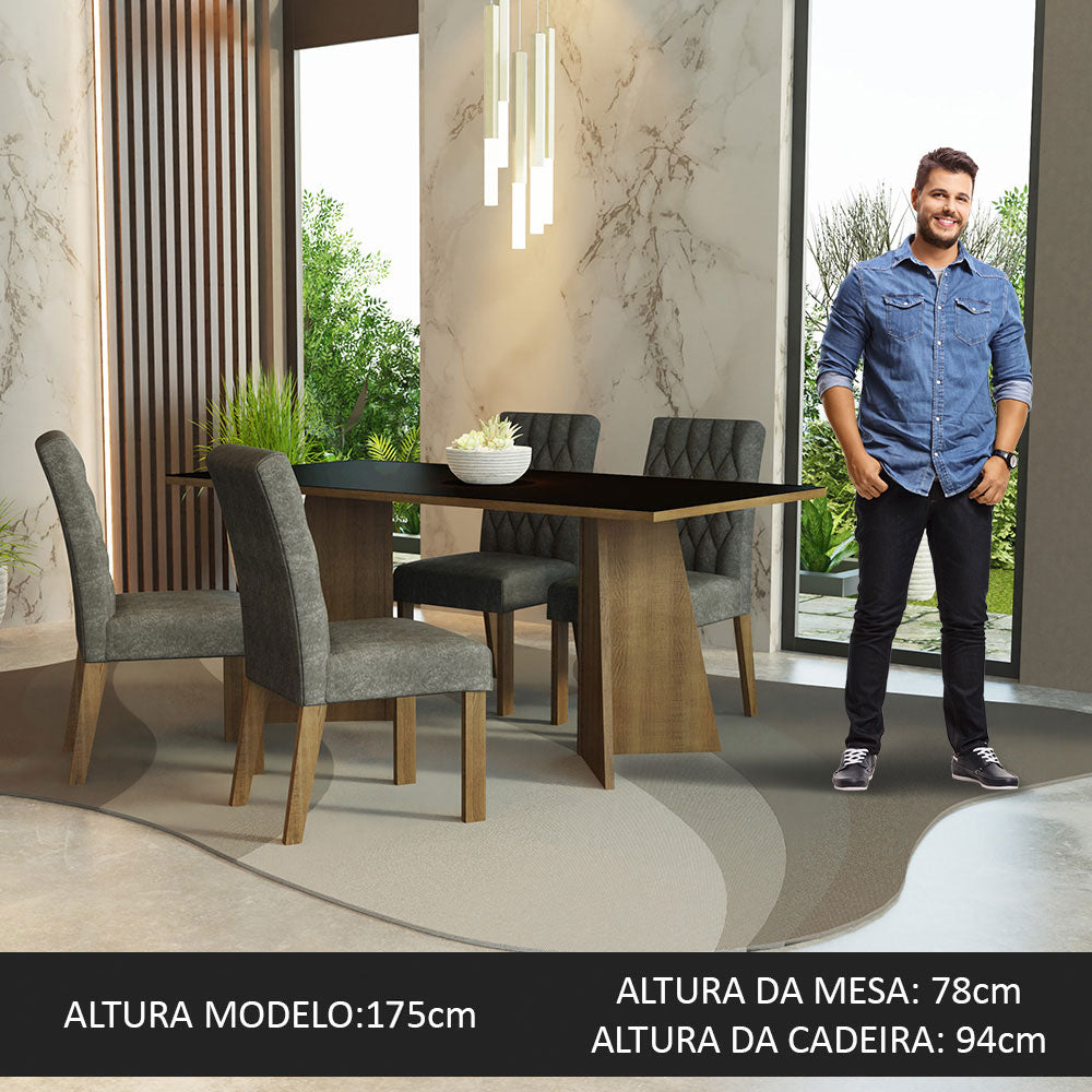 Conjunto Sala de Jantar Mesa Tampo de Madeira 4 Cadeiras Rustic/Preto/Silver Ruby Madesa