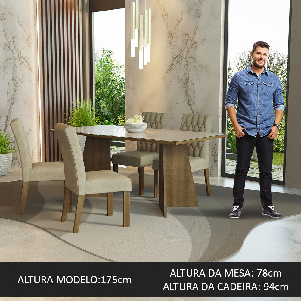 Conjunto Sala de Jantar Mesa Tampo de Vidro 4 Cadeiras Rustic/Crema/Imperial Harper Madesa