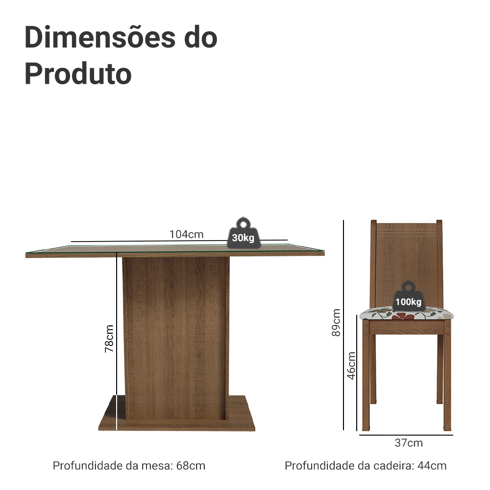 Conjunto Sala de Jantar Mesa Tampo de Vidro 4 Cadeiras Rustic/Hibiscos Camélia Madesa