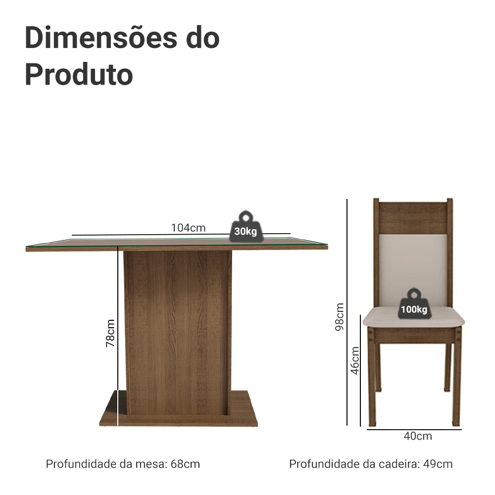 Conjunto Sala de Jantar Mesa Tampo de Vidro 4 Cadeiras Rustic/Crema/Bege Viena Madesa