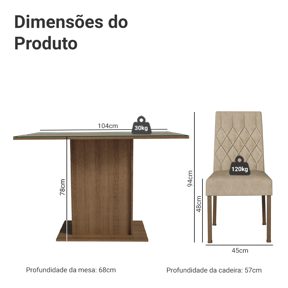 Conjunto Sala de Jantar Mesa Tampo de Vidro 4 Cadeiras Rustic/Imperial Reale Madesa