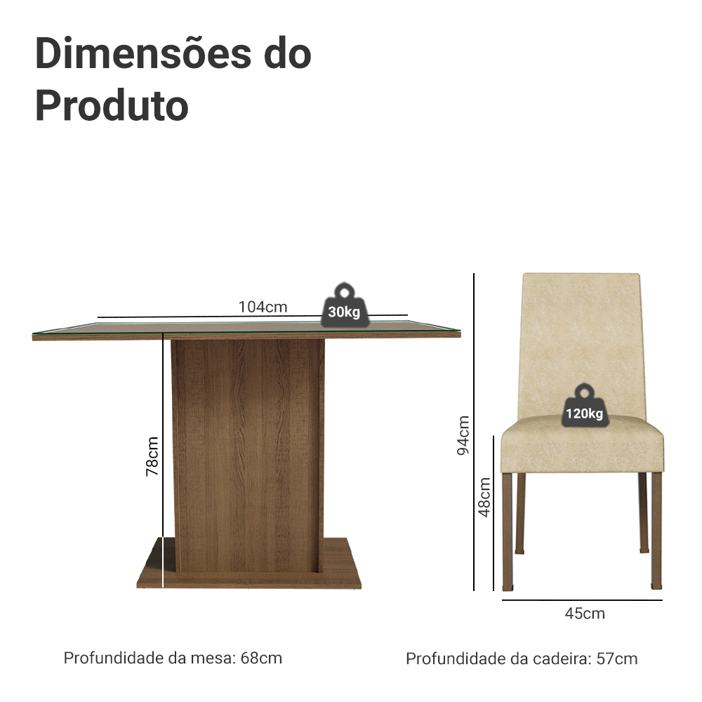 Conjunto Sala de Jantar Mesa Tampo de Vidro 4 Cadeiras Rustic/Imperial Zion Madesa