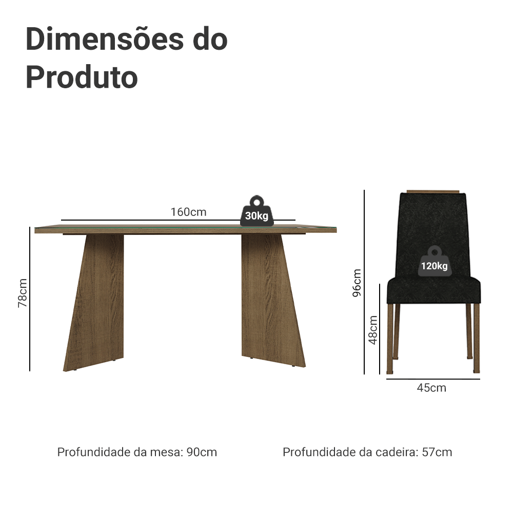 Conjunto Sala de Jantar Tampo de Vidro 4 Cadeiras Rustic/Oxford Braga Madesa