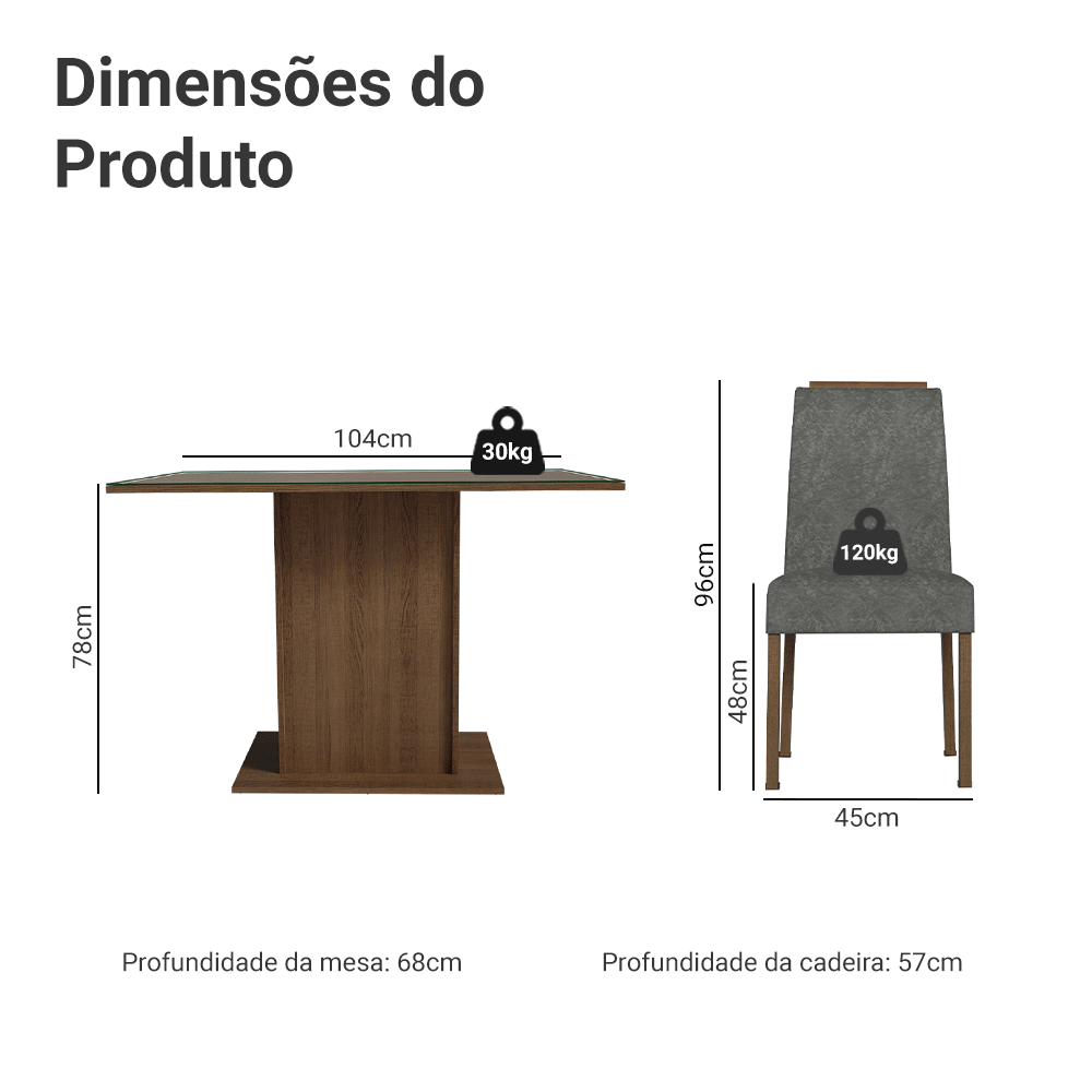 Conjunto Sala de Jantar Tampo de Vidro 4 Cadeiras Rustic/Silver Jasmin Madesa