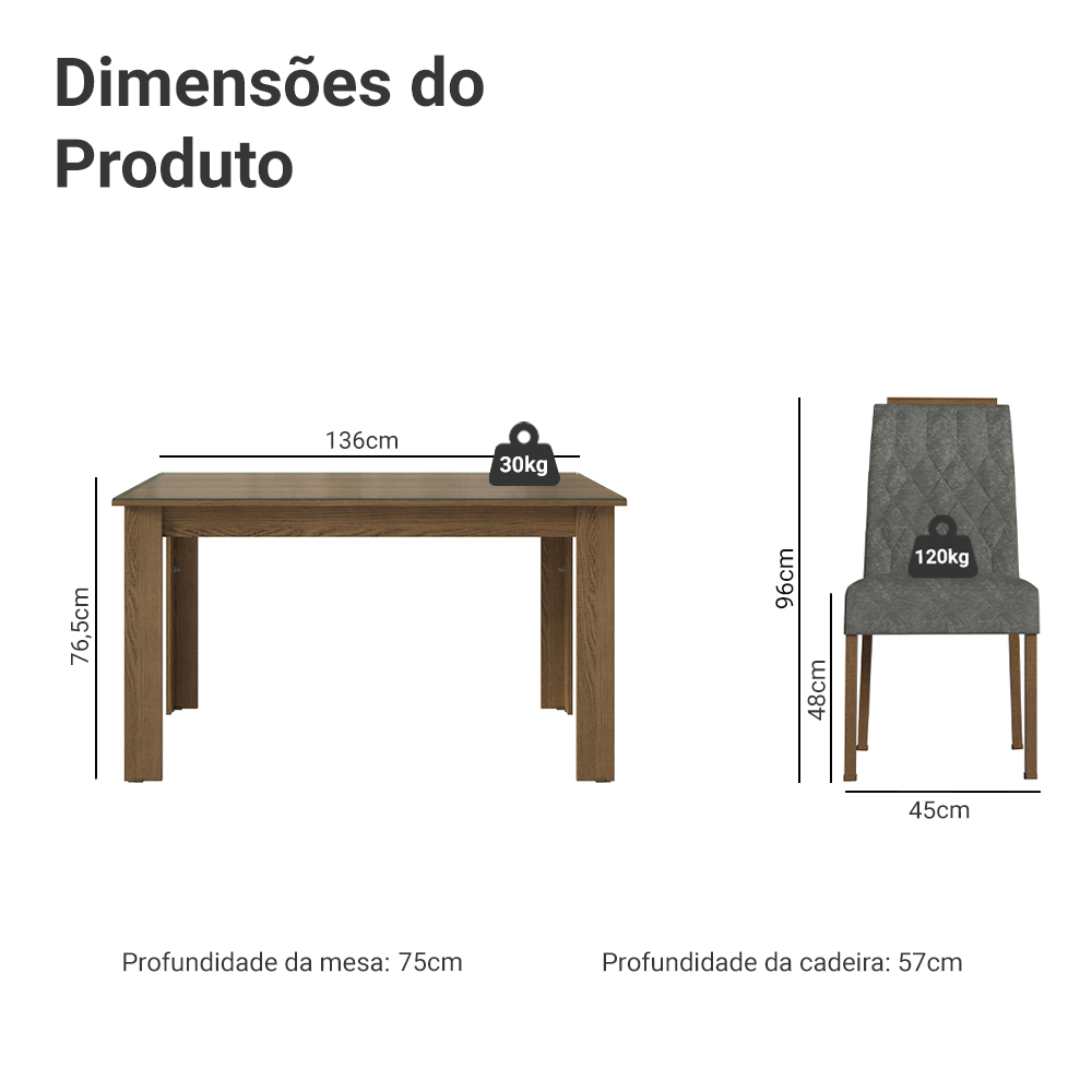 Conjunto Sala de Jantar Tampo de Vidro 4 Cadeiras Rustic/Silver Pétala Madesa